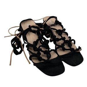 Public Desire Black Suede Strappy Lace Up Block Heel Sandals Size 4 Women’s